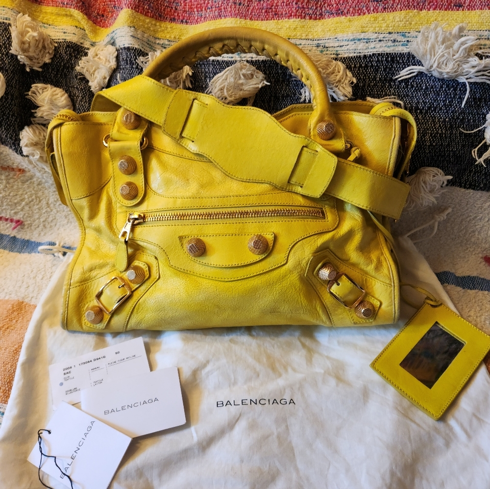 Balenciaga City GGH Giant Gold Hardware Agneau Leather Handbag Purse Yellow Tags